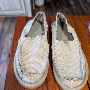 Sanuk Natural Beige Frayed Canvas Slip-Ons